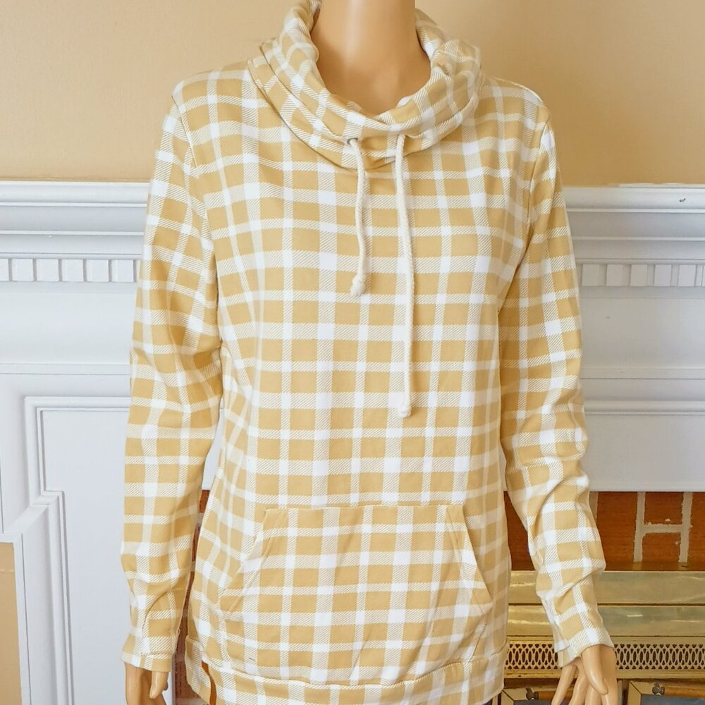 Ampersand Ave Cowlneck Sweatshirt XL Tan White Plaid Long Sleeved Thumb Hole